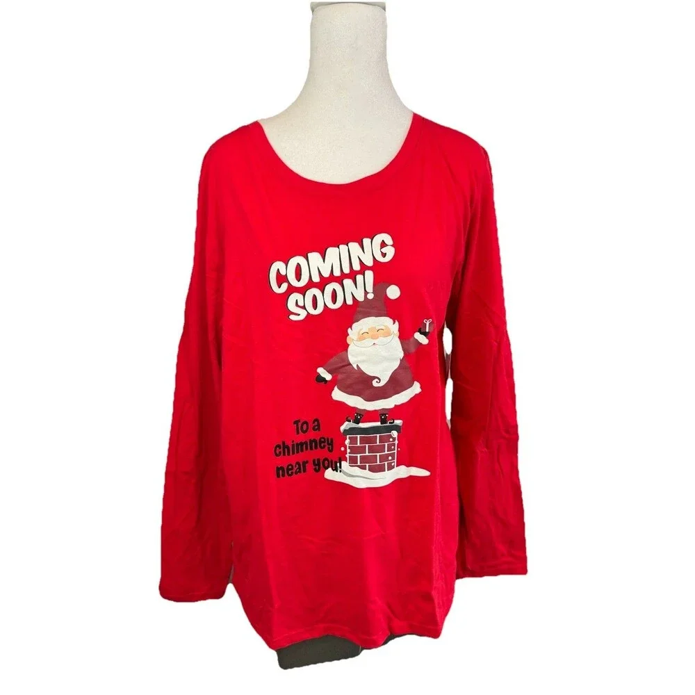 Womens Red Santa Claus Coming Soon Christmas Holiday Pajamas Sleep Set Size M - Picture 2 of 12